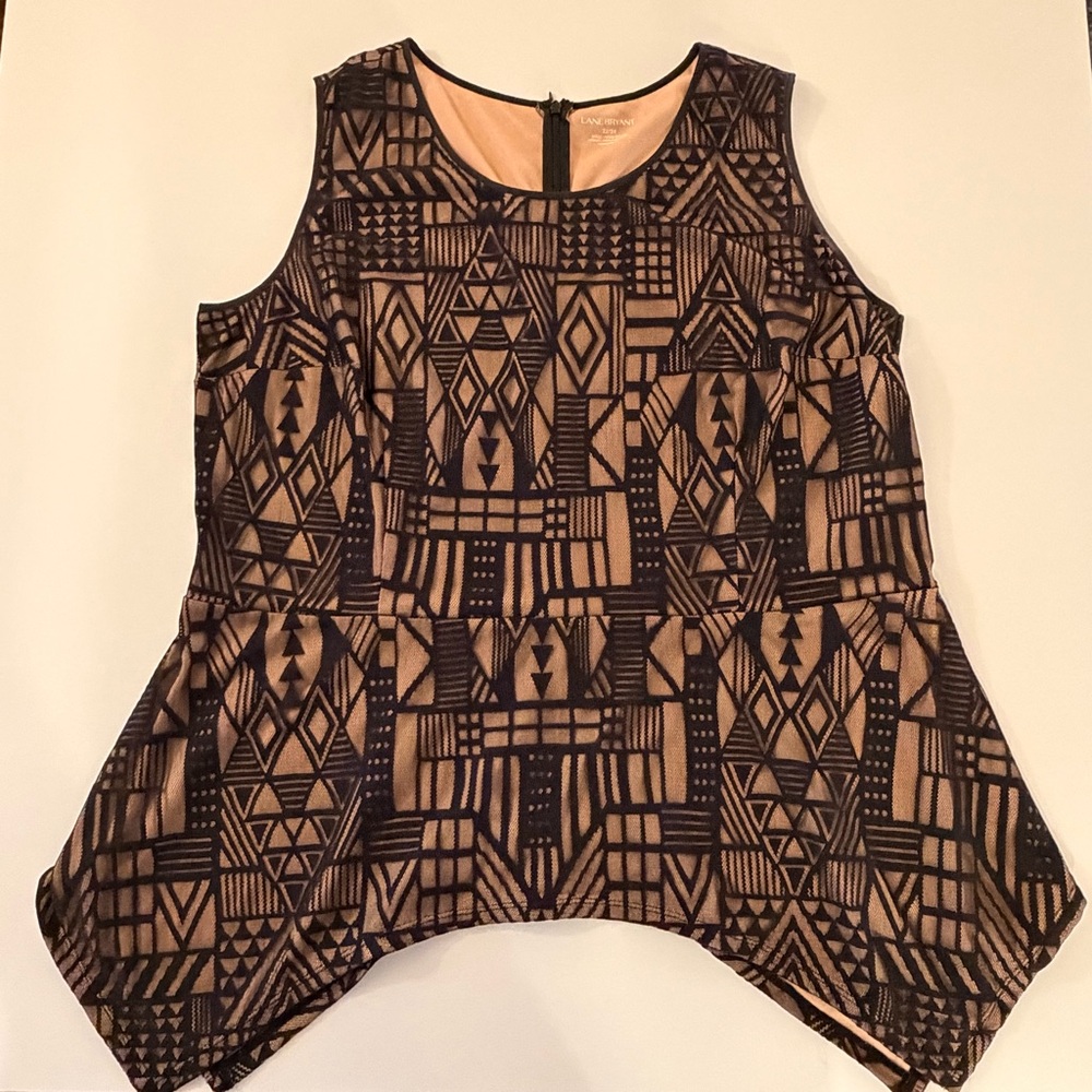 Lane Bryant Black and Brown Geometric Print Sharkbite Hem Blouse